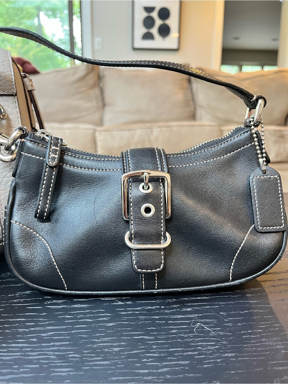 Coach Black Mini Shoulder Bag with White Stitching